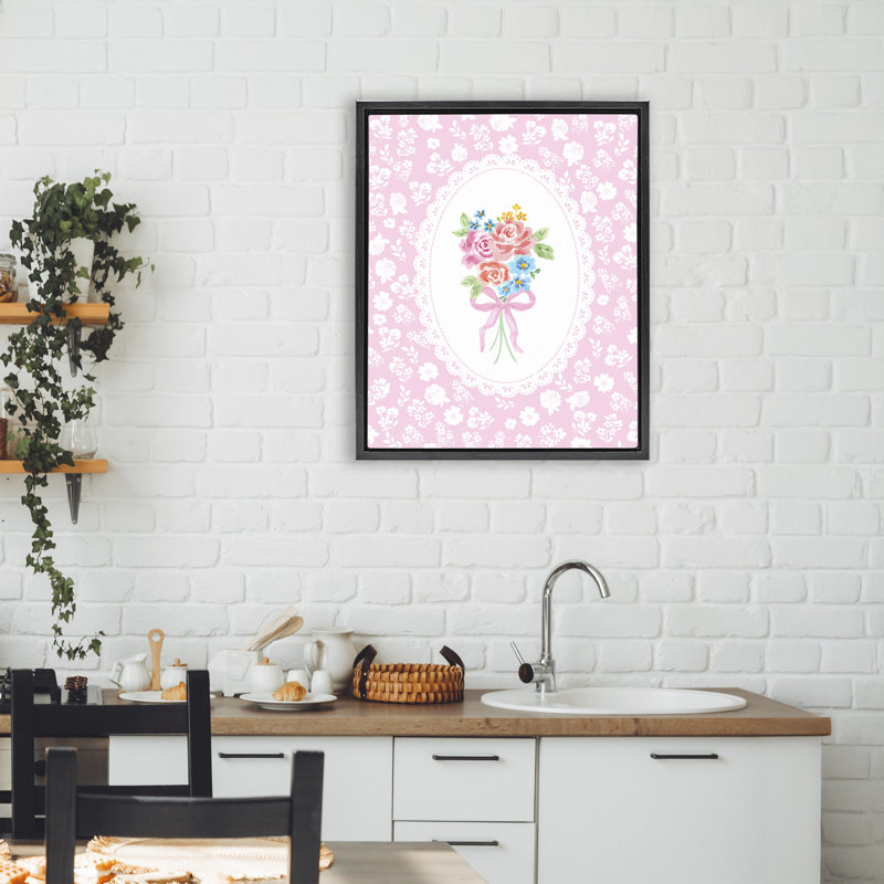 Cadre flottant rose avec bouquet féminin, design par Corinne Haig, Cadre flottant noir de jais, H 21 po x l 17 po