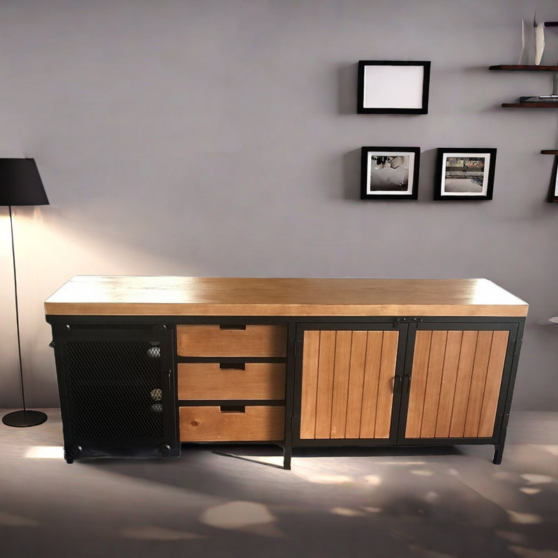 Industrial TV Stand, Wood And Iron Construction Unfinished TV Stand for TVs up to 75", 27.55" H x 78.74" W x 15.74" D