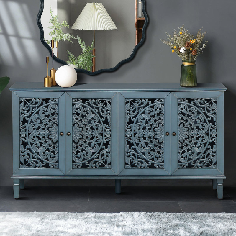Buffet antique avec sculptures florales, pieds en bois massif, tablettes réglables, idéal comme meuble télé et buffet pour diverses pièces