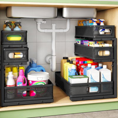 Under Sink Organizer, 3-Tier Height Adjustable Thickened Metal Pull out Cabinet Organizer Shelf, Slide out Storage Drawer Rack for Bathroom Kitchen Pantry Home Laundry Organization, 2-Pack, (Black)
