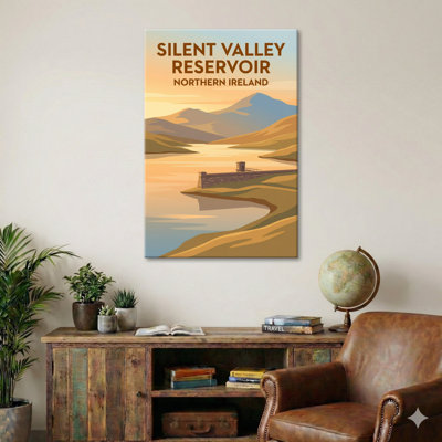 Silent Valley Reservoir, Northern Ireland - Romantic Vintage Travel Poster Of The Mourne Hills And Dam. Giclee Print On Wrapped Canvas. Wall Art, Home Decor - Natural Landmarks, Northern Ireland - Wrapped Canvas Print