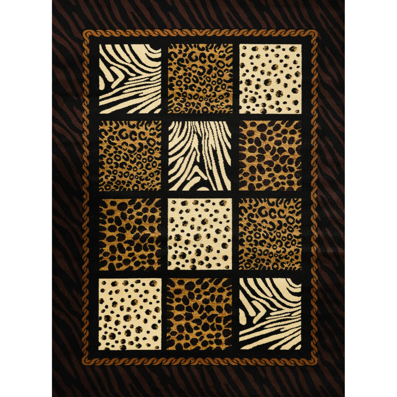 Rectangle Animal Print Area Rug In Black Multi With Leopard And Tiger Patterns, Machine-Made, Rustic Style, 100% Polypropylene, Jute Backing, & Pet Safe, 0.4 Pile For Entry 36 In. Deep 24 Wide Bold