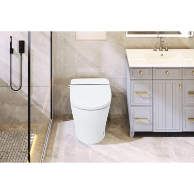 Toilette à siège chauffant - température réglable, double chasse, capteur infrarouge du pied, nuit à DEL, espace modèle compact