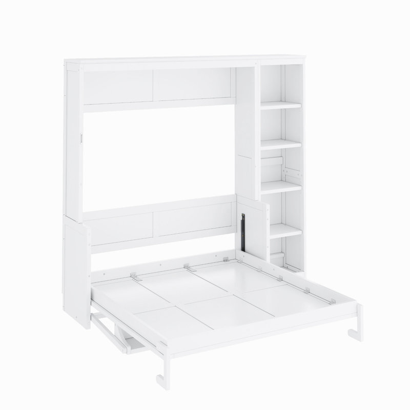 Lit escamotable double avec bureau et bibliothèque, blanc, Lit double, Blanc