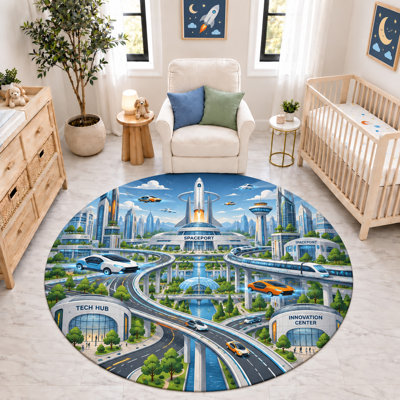 "Ultra Thin" 6' x 6' Futuristic Spaceport City Rocket Cars Round Area Rug, Soft Low Pile Indoor Rug and Non-Slip Silicone Backing Carpet for Nursery, Kids Room and Playroom