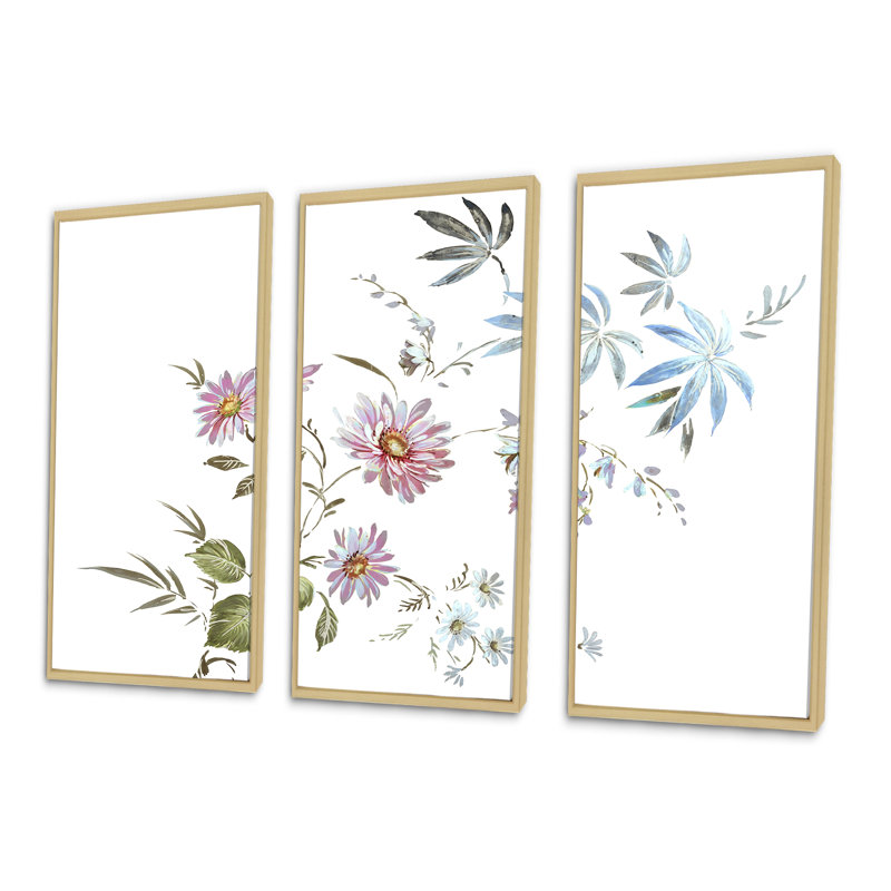 «Blue and Pink Wildflowers I», ensemble d'art mural sur toile encadré traditionnel de 3, H 20 po x l 36 po x P 1 po, Brun