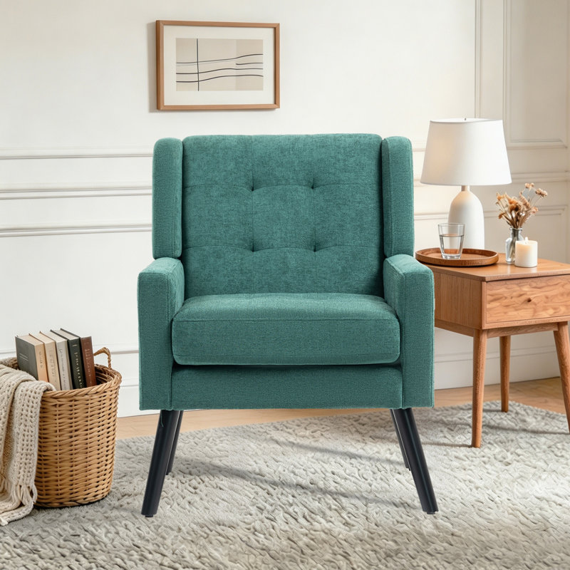 Tufted Upholstered Wide Back Armchair, Dark Green Linen