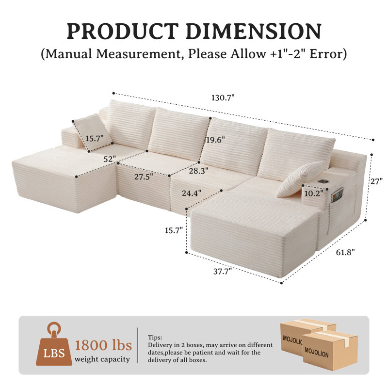 Canapé surdimensionné de 131 po sans os avec 2 repose-pieds, canapé modulaire en U confortable pour le salon, canapé Cloud avec porte-gobelets et poches latérales, sans assemblage