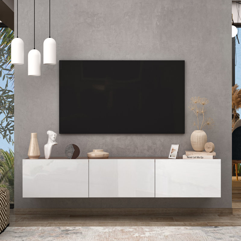 Meuble télé flottant Ronnye, Blanc brillant / chêne champêtre