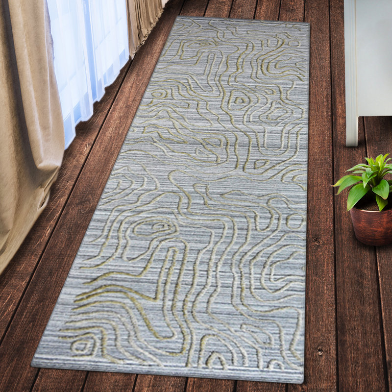 Hand Woven Overtufted Kilim Abstract Polypropylene Silver Runner Indoor Area Rugs, Runner 2'6''x10'