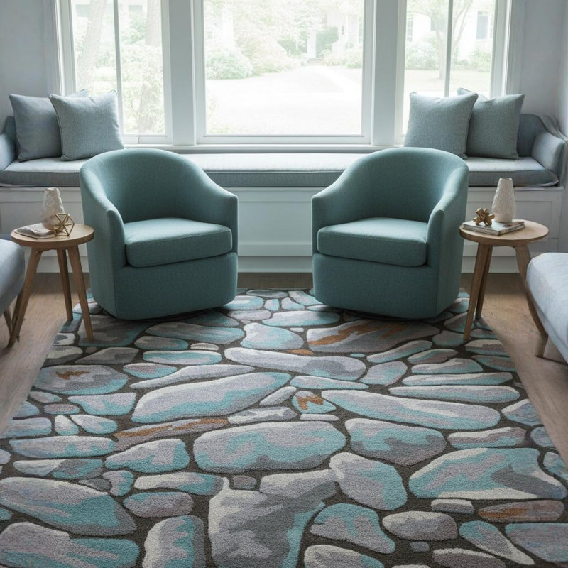 Tapis bleu ardoise en laine touffeté à la main Yiwei Authentic, Rectangle 5 pi x 7 pi 6 po