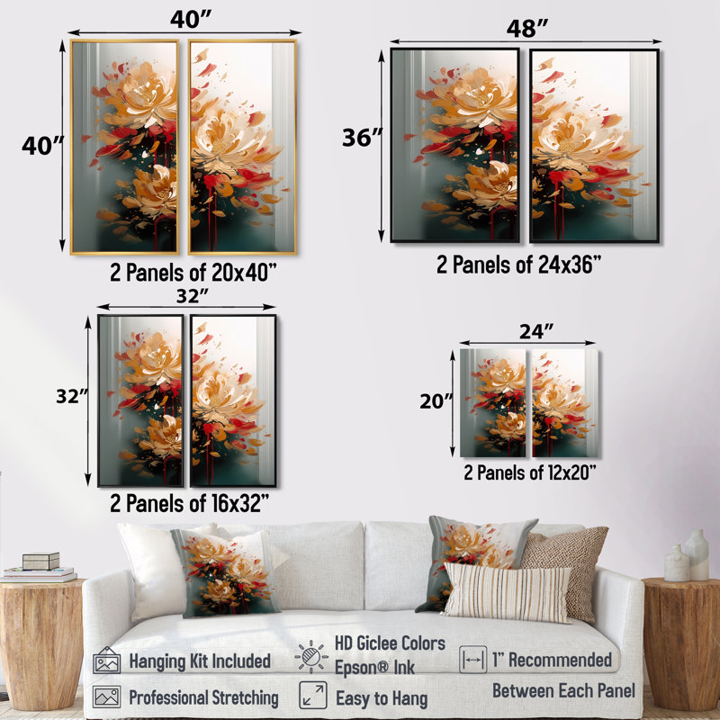 Fleur d'or rouge I - impressions d'art traditionnelles sur toile 2 panneaux, Impression encadrée flottante, H 36 po x l 48 po