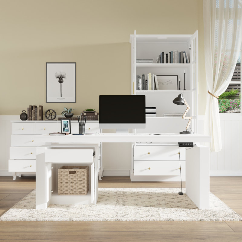 Ensemble de bureau 3 pièces à hauteur réglable H 71 po avec bibliothèque l 31 po et commode l 55 po