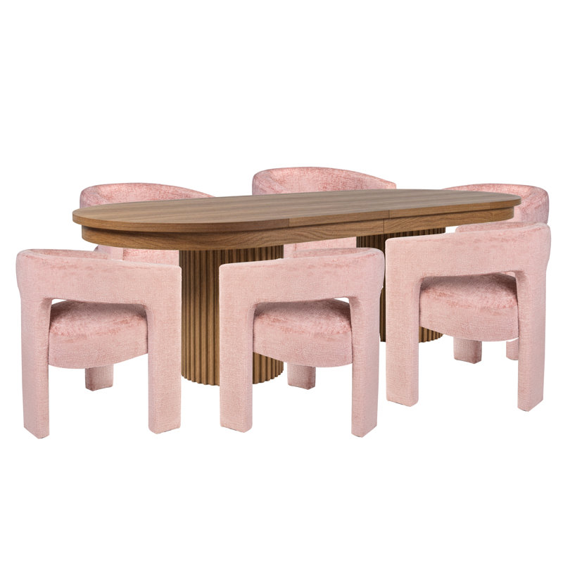 Ensemble de salle à manger à deux piédestaux 102 po Larson - Table en châtaignier avec chaises roses, Brun, Rose
