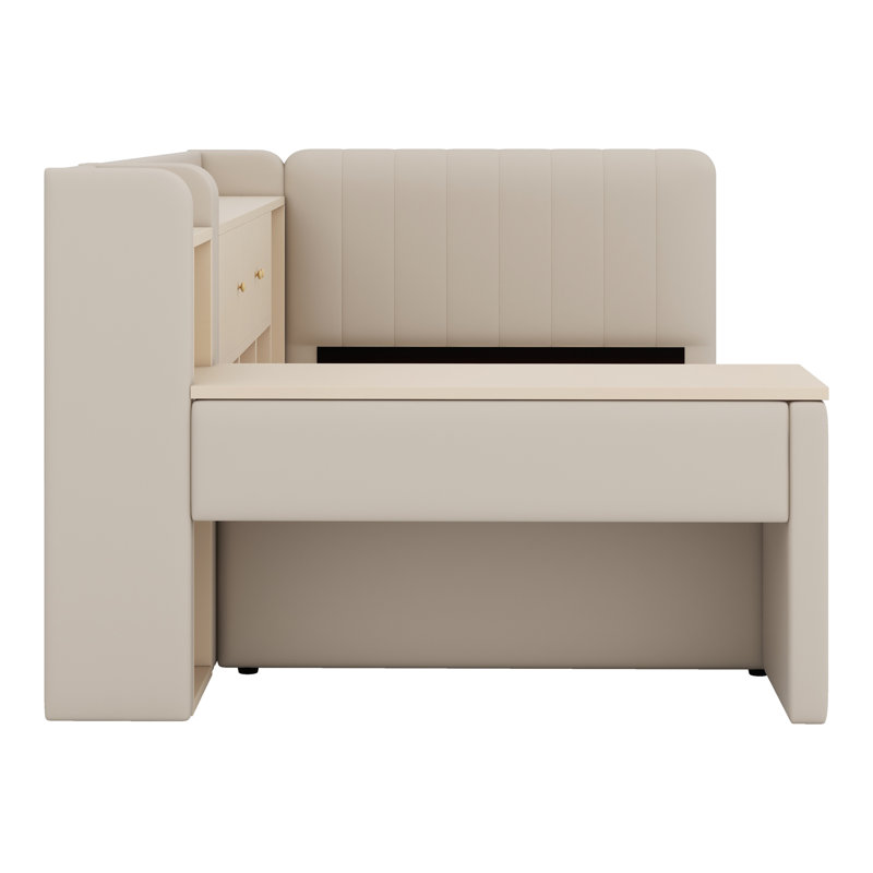 Lit de jour rembourré avec tiroirs, tablettes, armoires rabattables et table d'appoint, Beige