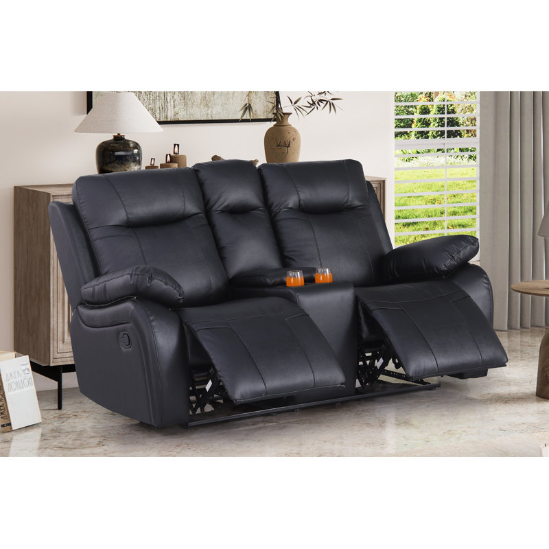 Bhuvi 70.47'' Faux Leather Reclining Loveseat, Black Faux Leather