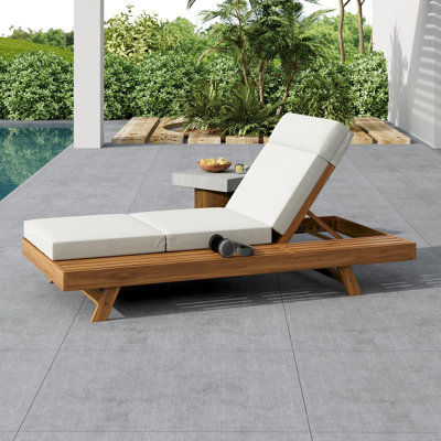 Ensemble de chaise longue avec appui-tête, espace disponible sur un côté, bois d'acacia avec coussins de salon résistants à l'eau (3 fois et 4 pouces)