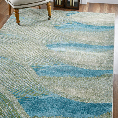 Tapis bleu abstrait 5 pi x 8 pi Dhurrie
