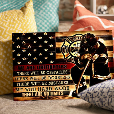 Firefighter Motivational Flag Canvas Wall Art (Patriotic Hero Tone) Stretched Frame for Tribute Nook