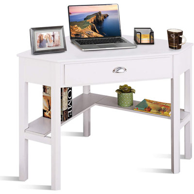 Bureau d'ordinateur d'angle, poste de travail compact en bois avec tiroir et tablettes, table d'ordinateur portable pour petits espaces, blanc