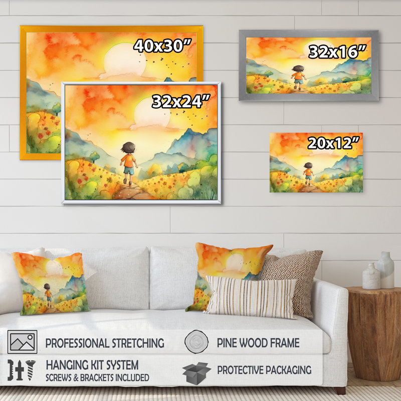 Enfants, art mural sur toile, Impression encadrée, H 24 po x l 32 po, Doré
