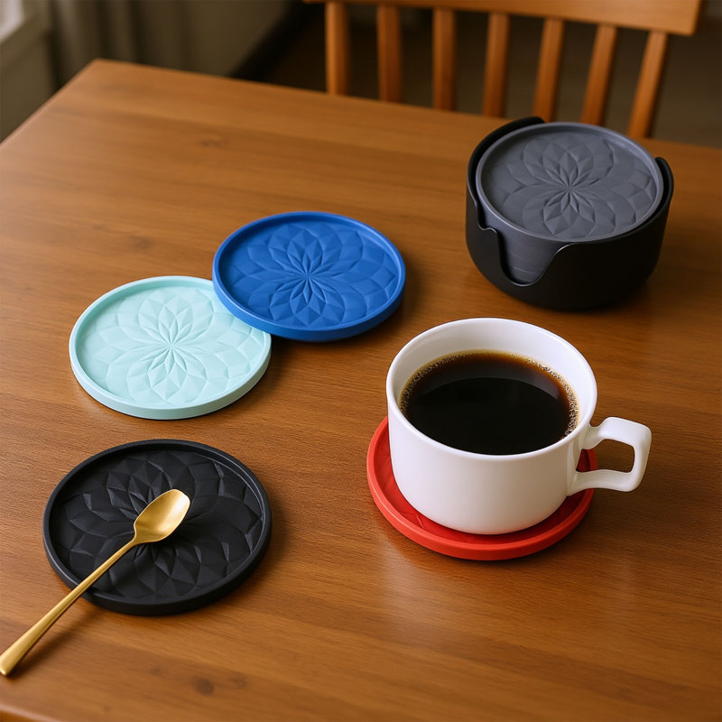 Sous-verres en silicone 6 pièces avec porte-gobelet, sous-verres épais antidérapants avec plateau profond pour boissons chaudes ou froides, protecteurs de table réutilisables, vert olive