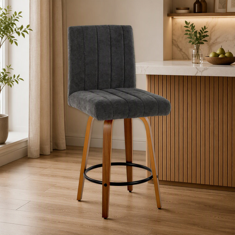 Ensemble de tabourets de bar pivotants à hauteur fixe de style contemporain avec pieds en bois de noyer, Noyer / noir