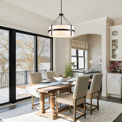Lustre tambour 4 lumières moderne en tissu noir mat à intensité variable, luminaire suspendu à hauteur réglable pour îlot de cuisine, salle à manger et salon