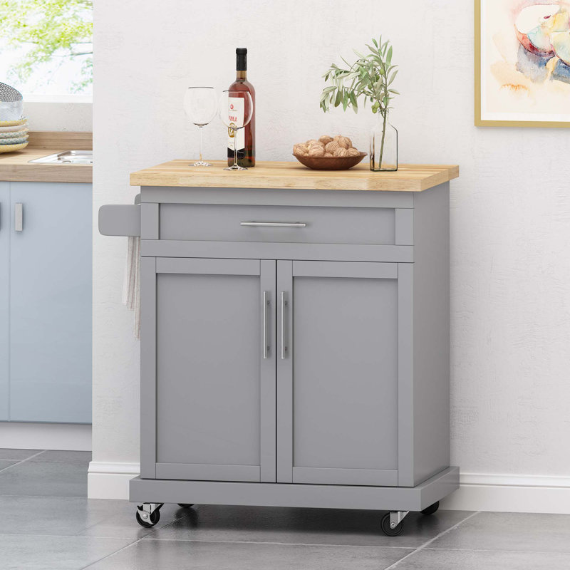 Chariot de cuisine à finition châtaignier avec un tiroir et une armoire