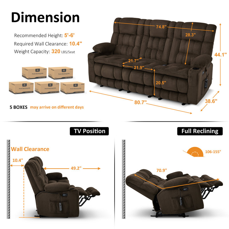 3-Seat Power Reclining Sofa with Heat and Vibration Massage, Zero Gravity Recliner Sofa, Brown