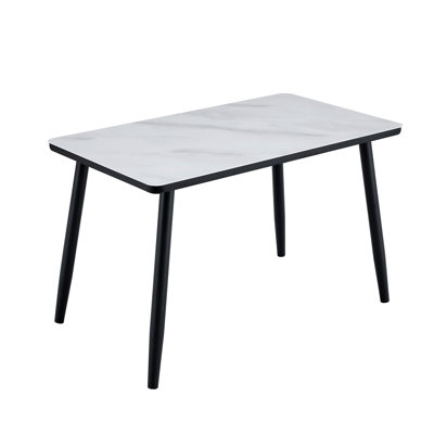 Modern Minimalist Rectangular Dining Table, Tempered Glass Countertop+Lower MDF Board, Imitation Marble Texture,Metal Tapered Legs