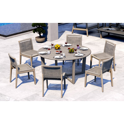 7 Pcs Grade-A Weathered Teak Wood Dining Set: 60" Sema Round Table And 6 Sema Armless Chairs #11Se3500