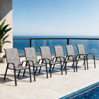 Stackable Patio Chairs, Durable Textilene Fabric with Armrests, Sturdy Metal Frame, Ergonomic Quick-Dry Outdoor Dining Chairs for Backyard & Poolside(Gray, 6pcs)