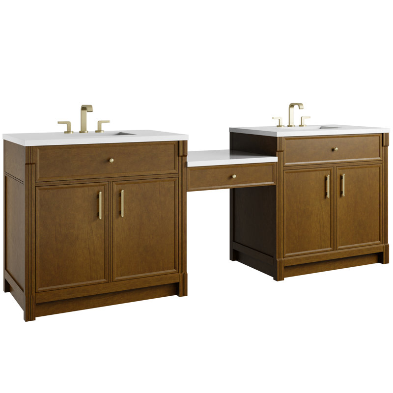 Bellshire 96" W Dual Vanity Set with 24" Make-Up Counter, Honey Oak, White Zeus, 8" Widespread