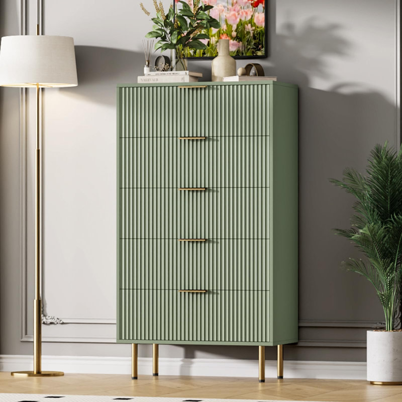 5 Drawer Fluted Dresser for Bedroom, Modern Wood Chest of Drawers with Handles for Closet Storage, Black