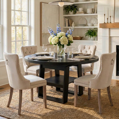 Ensemble de table de salle à manger ronde extensible de 110 à 150 cm pour 4 personnes, table de cuisine ovale moderne en bois et chaises rembourrées avec tablette de rangement
