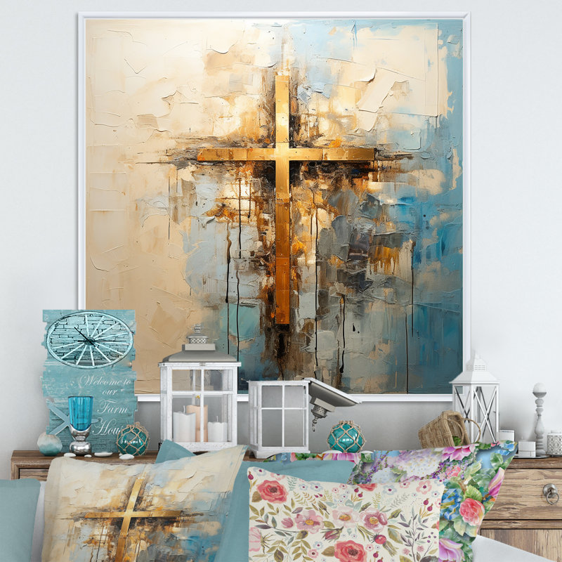 Reproduction d'art mural doré, croix de minimalisme religieuse II, H 16 po x l 16 po x P 1 po, Cadre flottant blanc