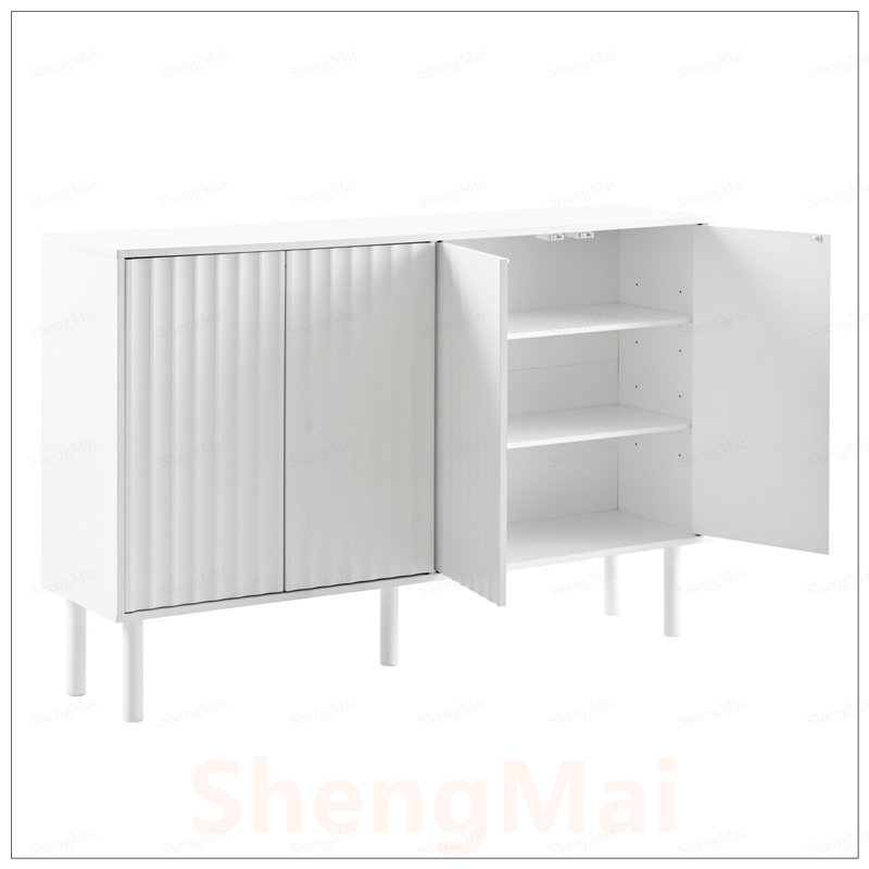 Armoire à chaussures minimaliste avec 5 pieds en bois massif, buffet de style crème, rangement à 4 portes avec tablettes réglables
