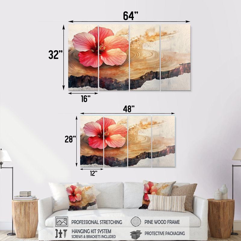 Fleurs d'hibiscus sur bois - décoration murale hibiscus - art mural traditionnel, H 32 po x l 64 po, 4