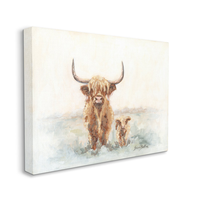 «Highland Bétail et bébé veau de campagne» par Sara Baker - peinture sur toile tendue, H 16 po x l 20 po x P 1,5 po