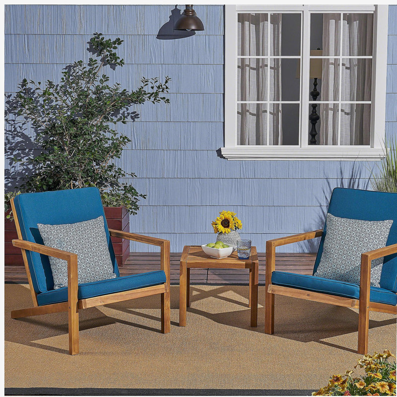 LEAH 3 PC CHAT SET, Blue Cushion/Teak Frame