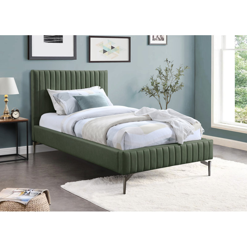 Gallo Upholstered Bed, Green Vegan Leather, Twin