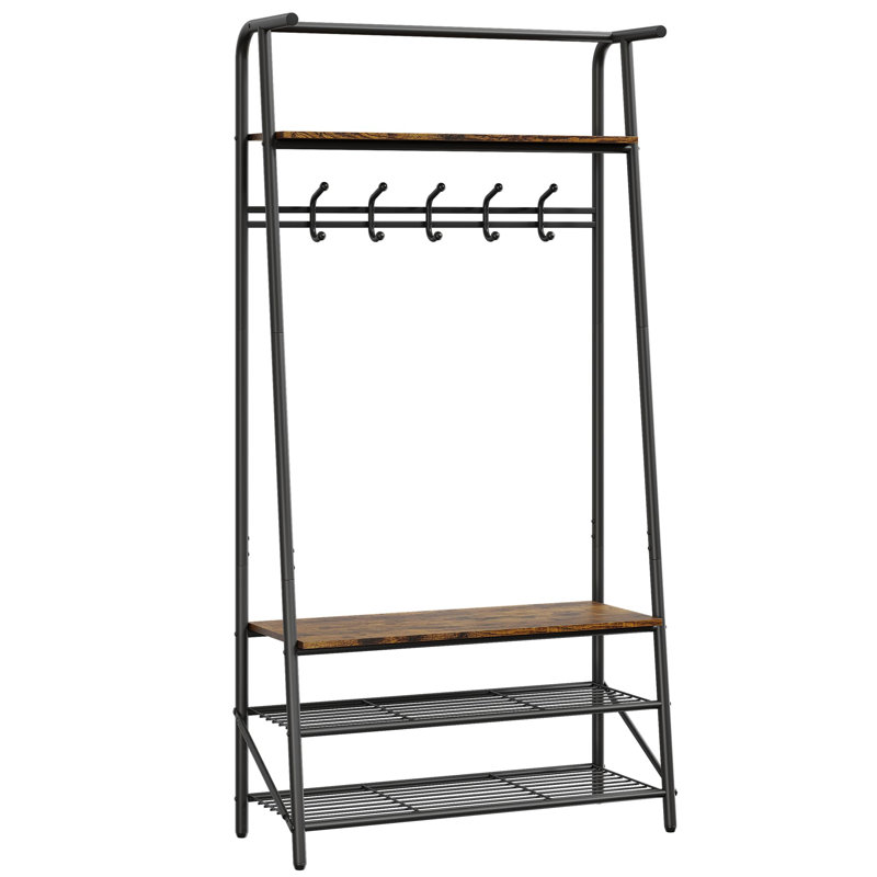 3-in-1 Hall Tree Coat Rack with Bench & Shoe Storage – Sturdy Metal Frame, 5 Hooks, Clothes Rail – Entryway Organizer for Hallway, Mudroom, Front Door – Black & Natural – 80 Single Row Hook
