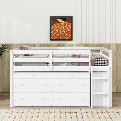 Lit surélevé en bois avec bureau latéral mobile 4 tiroirs et tablettes