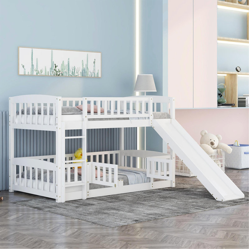 Lit superposé avec glissade, lit superposé simple au-dessus de simple avec clôture et échelle blanc (pour les tout-petits enfants et adolescents)
