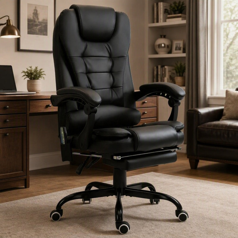 Fauteuil de bureau massant inclinable à dossier haut avec soutien lombaire, repose-pieds et hauteur réglable pour un confort optimal