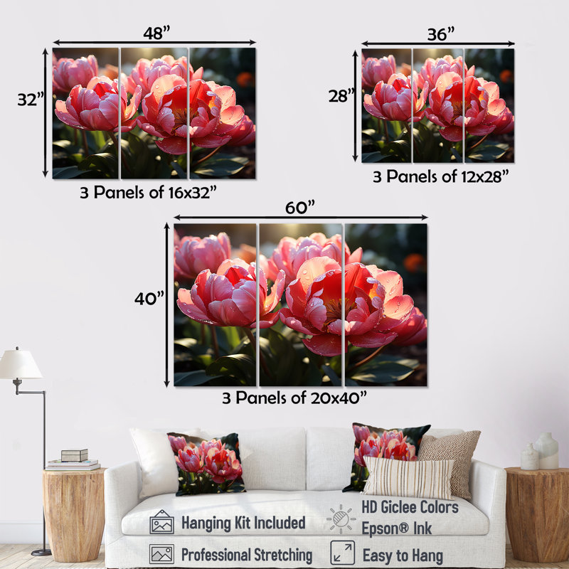 «Crimson Red Tulips Sway In A Sunlit Garden I», ensemble d'art sur toile, H 32 po x l 48 po x P 1 po