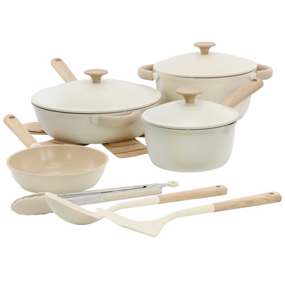 Gibson 13 Piece Ceramic Nonstick Cast Aluminum Cookware Set in Linen