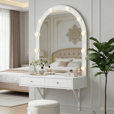 Modern Floating Makeup Vanity With Lighted Arched Mirror, Built-In Outlets & Storage Drawers