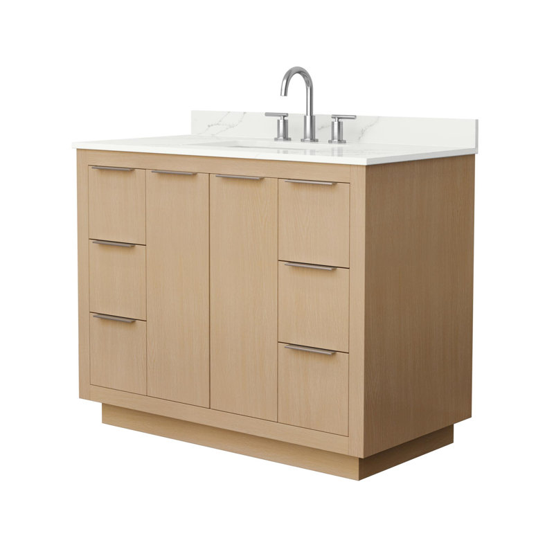 Meuble-lavabo simple 42 po avec plateau en quartz Maroni, Nickel brossé, Centre de 8 po, Quartz blanc